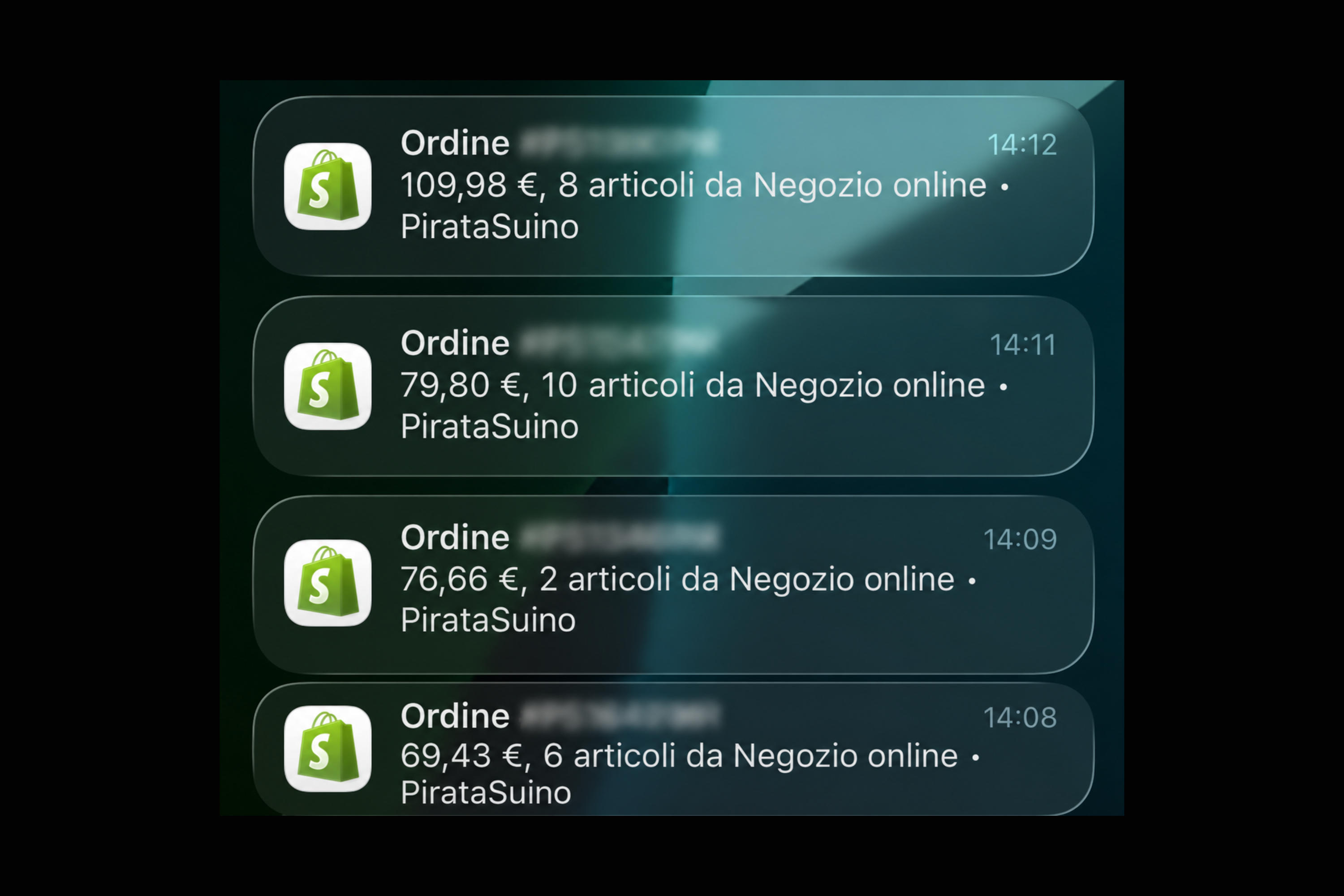 Notifiche di ordini Shopify ricevuti in tempo reale dallo store Pirata Suino